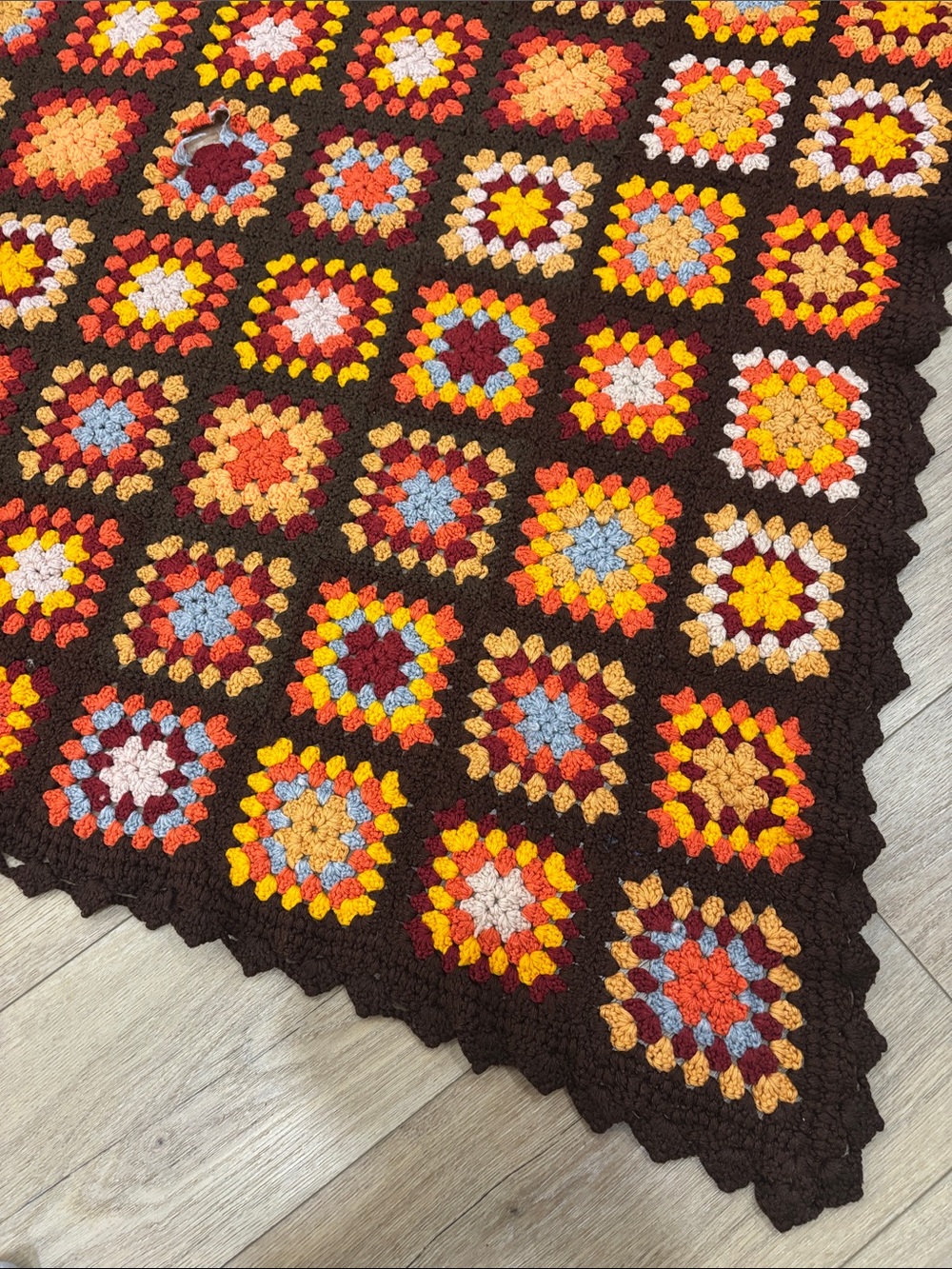 Handmade Crochet Granny Square Blanket in Brown, Orange, Yellow, Red, Blue - Picture 3 of 6